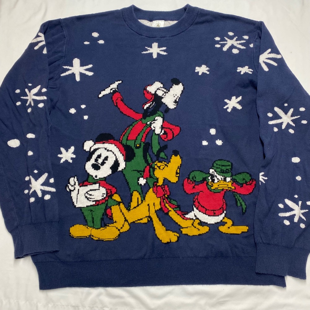 Disney Christmas Holiday Sweater Mickey Goofy Pluto Donald Navy Blue Mens Large